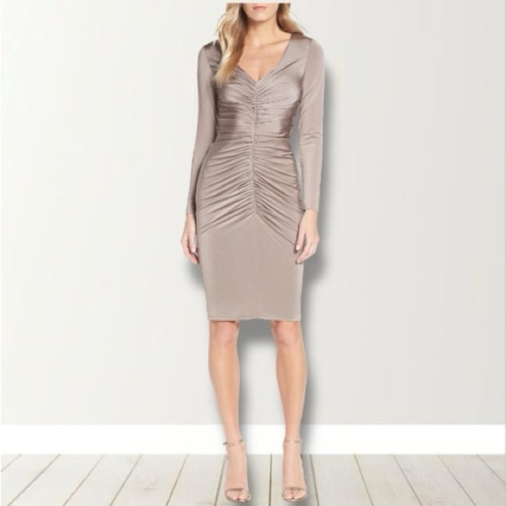 Eliza J | Dresses | Eliza J Taupe Brown Long Sleeve Ruched Cocktail Party  Midi Dress Size 4 | Poshmark